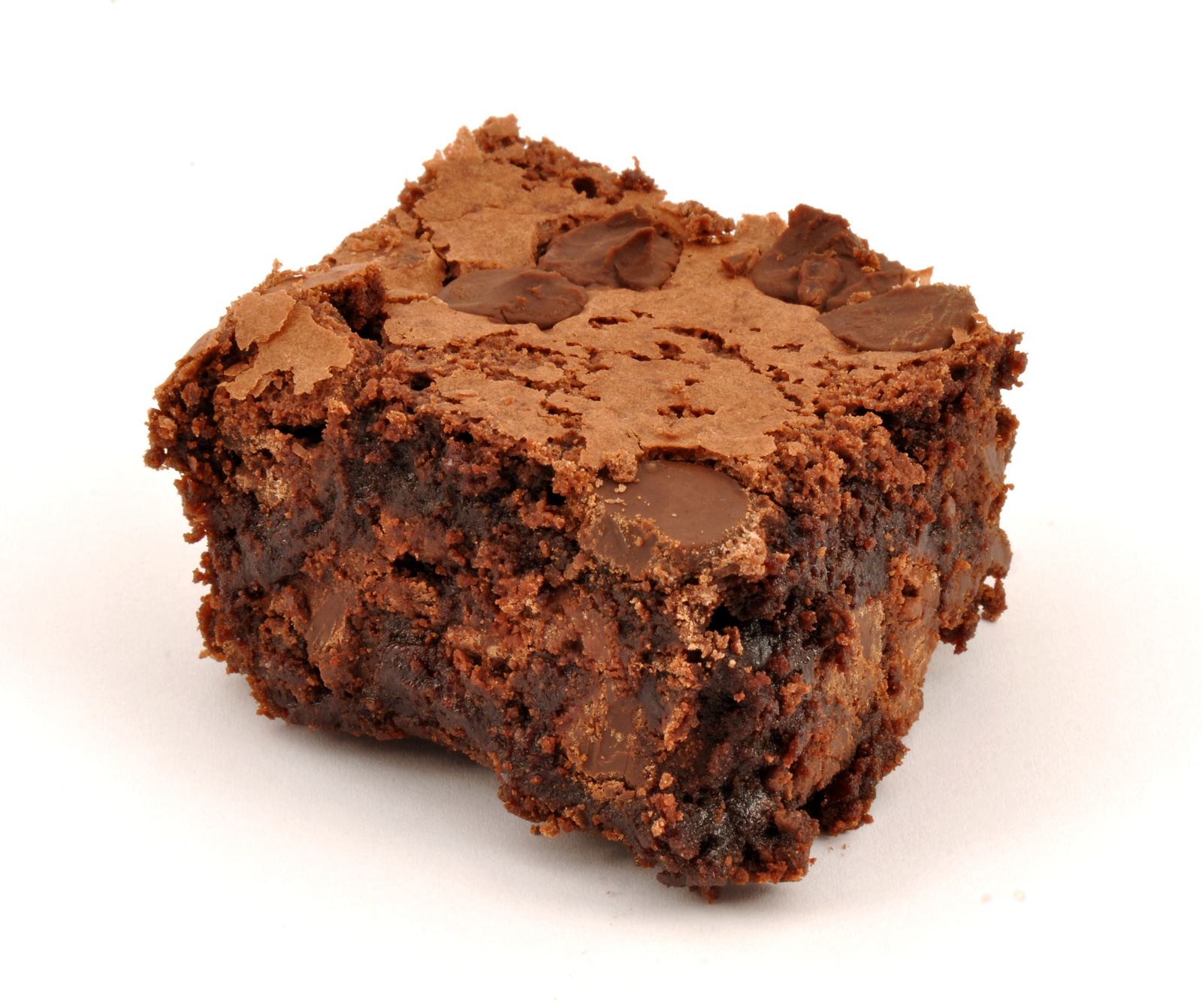 A single fudgy chocolate brownie with chocolate chunks